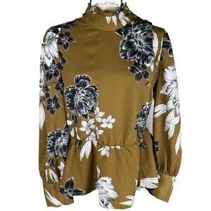 Who What Wear Sz M Long Sleeve Floral Peplum Blouse Asymmetrical Buttons Mustard